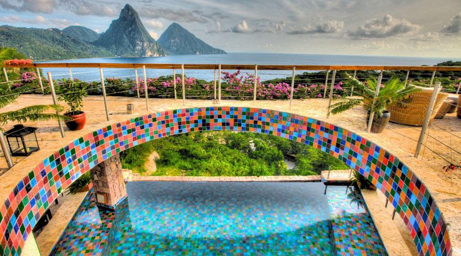 top terrace overlooking the pool and the pitons